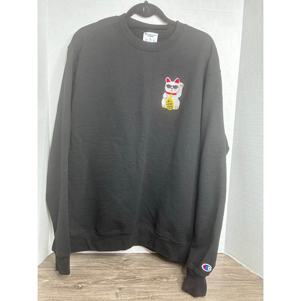 Champion Eco Sweatshirt Men's Black Large Lucky Cat Embroidered Logo Top